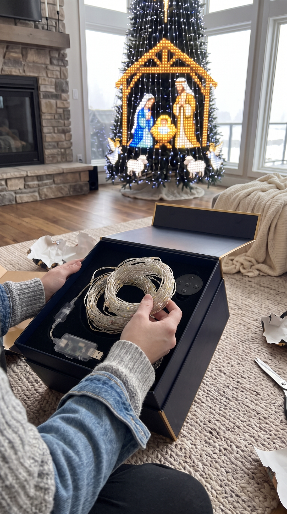 Glory Lume box opened showing the LED curtain, controller and remote