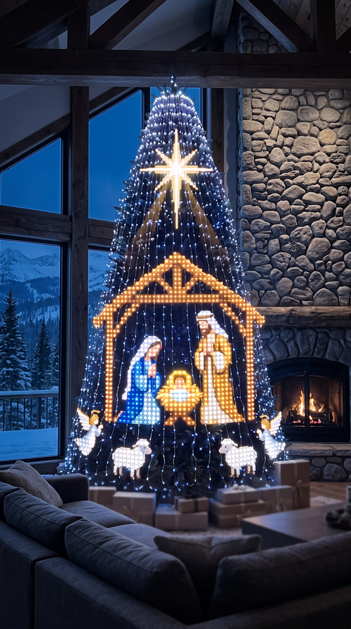 Glory Lume LED curtain lit as a full Nativity scene on a Christmas tree